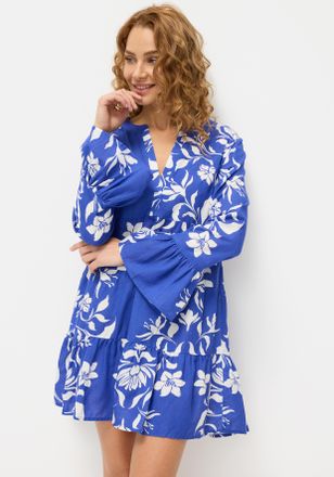 Lascana Longbluse LASCANA, Damen, Gr. 32/34, beige (royalblau, creme), Web, Obermaterial: 58% Viskose, 28% Baumwolle, 14% Leinen, bedruckt, figurumspielend ku