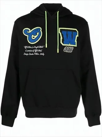 Off-white Black Cotton Hoodie With Neon Accents And Embroidered Details