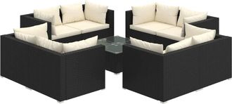 vidaXL Set De Muebles De Jard&iacute;n 9 Pzas Y Cojines Rat&aacute;n Sint&eacute;tico Negro Vidaxl