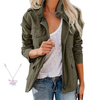 Generic Womens Multi Pockets Military Jacket, Utility Button Down Denim Jean Coat, 2025 Zip Up Snap Buttons Parka Spring Fall (Military Green,M)