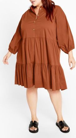 City Chic Kiara Balloon Sleeve Tiered Shirtdress in Toffee at Nordstrom, Size Xxl