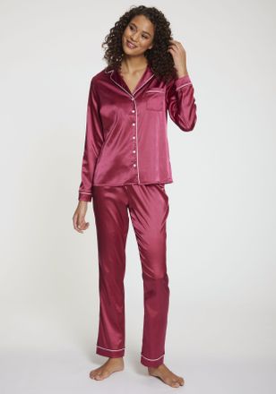 s.Oliver Pyjama S.OLIVER, Damen, Gr. 46, lila (beere), Satin, Obermaterial: 95% Polyester, 5% Elasthan, unifarben, bequem lang, V-Ausschnitt, eingesetzt Mansch