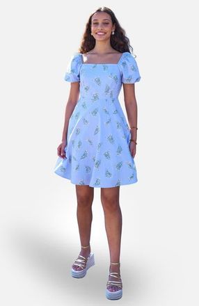 Yumi Cotton Floral Puff Sleeve Skater Dress in Blue at Nordstrom, Size 10