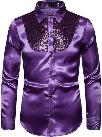 Generic Mens Shiny Satin Sequins Button Dress Shirts Long Sleeve Slim Fit Disco Party Prom Wedding Costume Purple