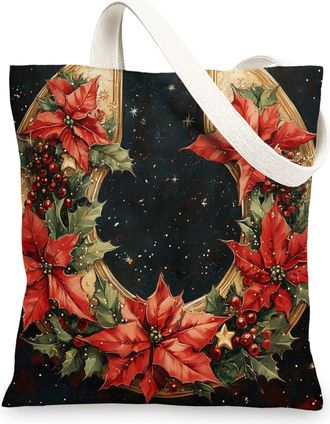 Generic Merry Christmas Western Horseshoe Canvas Tote Bag for Shopping 13x15, Cowboy Xmas Reusable Grocery Print Bag for Women, Holiday New Year Beach Aesthet