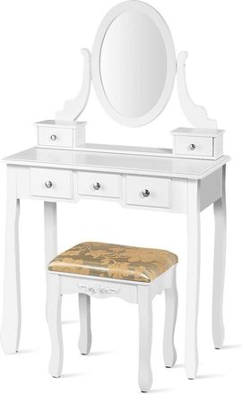 Costway Costway - Set Tocador Con Espejo Giratorio, Mesa Para Maquillarse Escritorio Multifuncional Con Taburete Acolchado (blanco)