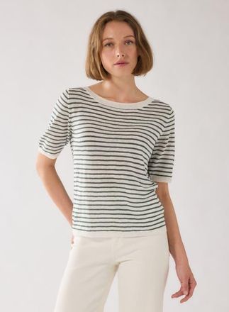 Majestic Filatures Linen Knit Stripe Elbow Sleeve Crewneck in Agave at Nordstrom, Size 1
