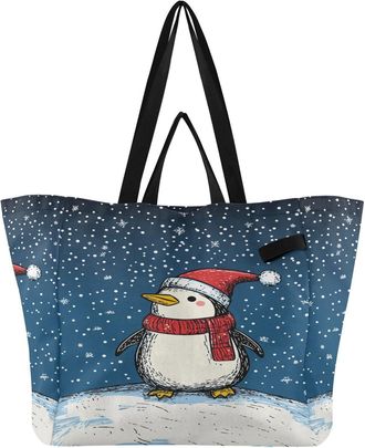 Generic Penguin Snow Winter Blue pattern Reusable Canvas Tote Bag, Heavy Duty Grocery Shopping Bag with Hard Bottom Double Handles Large Capacity Work Groceri