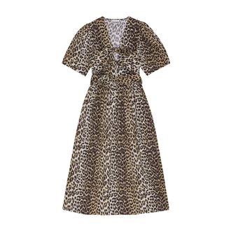 Ganni Luipaard Print Tie Strap Midi Jurk - Dames - Casual kleedjes - Bruin - S - Katoen - Kleedjes