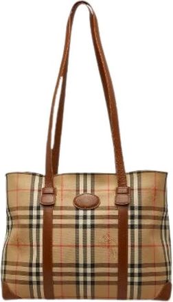Burberry Pre-owned Check Canvas Leather Tote Bag - Dames - Vintage Shopper - Beige - ONE Size - Leer - Vintage