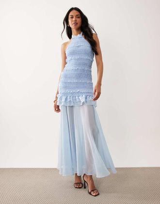Tfnc Vestito lungo arricciato in chiffon blu con gonna trasparente e volant