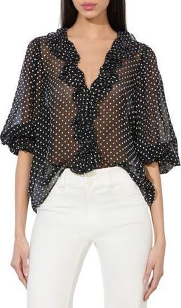 Alice & Olivia Betsie Clip Dot Ruffle Sheer Silk Blend Top in Black/Off White Polka Dot at Nordstrom Rack, Size X-Small