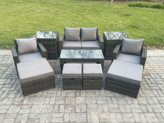 Fimous High Back Rattan Garden Furniture Sofa Sets w/ Rectangular Coffee Table 2 Side Tables Armchair 2 Big Footstool 2 Small Footstools Dark Grey