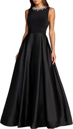 Mac Duggal Petite Pearl-Embellished High-Neck Sleeveless A-Line Evening Gown in Black at Nordstrom, Size 14