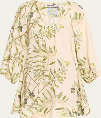 Bernadette Flowy Puff-Sleeve Printed Linen Mini Dress
