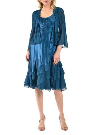 Komarov Wide Sleeve Charmeuse & Chiffon Tiered Dress with Jacket in Mediterranean at Nordstrom, Size X-Large