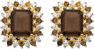 Palm Beach Jewelry 10.31 TCW Emerald-Cut Genuine Smoky Topaz and CZ Gold-Plated Halo Earrings