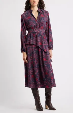 Chelsea28 Long Sleeve Ruffle Midi Dress in Navy Floral Vine at Nordstrom Rack, Size Xx-Large