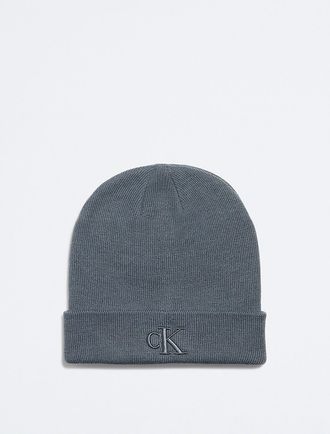 Calvin Klein Mens Monogram Logo Beanie - Blue