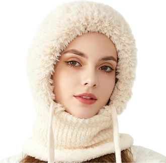 Generic 3 in 1 Beanie Hat for Women All in One Hat and Scarf Sherpa Hood Ski Mask Winter Warm Knitted Windproof Hats Scarf with Face Cover for Outdoor Skiing 