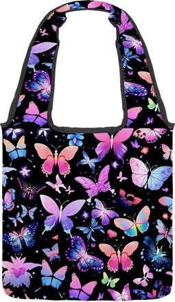 Generic Aesthetic Butterfly Reversible Canvas Shoulder Tote - Double-Sided Print, 12oz Cotton, 27cm Drop, Fold-Flat Bag for Travel, Shopping, Street Outings