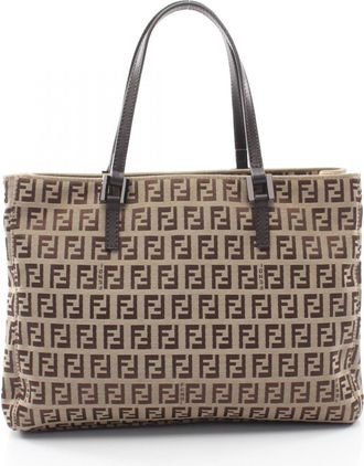 Fendi Beige Brown Canvas Leather Handbag Tote Bag (Pre-Owned)