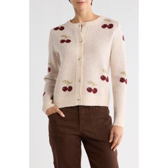 Bobeau Cherry Jacquard Cardigan in Oatmeal /Dark Red at Nordstrom Rack, Size X-Small