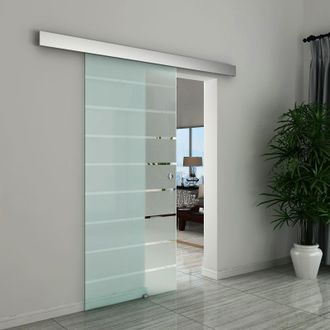 HOMCOM Sliding Glass Door Set Tempered Frosted Barn Door Hardware Track Kit in Pale Blue