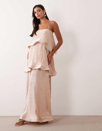Asos vestito maxi trapezio a strati pliss&eacute; zig-zag color champagne-Oro