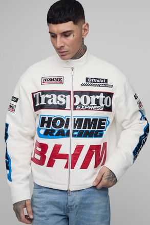 Boohooman Mens Tall Boxy Fit Twill Applique Moto Jacket - Ecru Cotton - Size X-Large