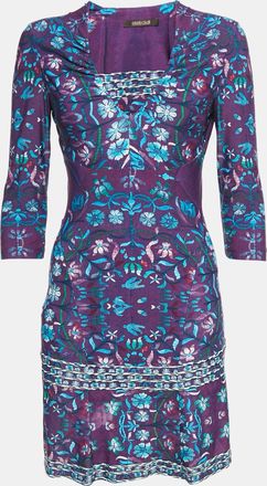 Roberto Cavalli Purple Floral Print Jersey V-Neck Mini Dress
