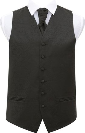 DQT Woven Swirl Floral Wedding Waistcoat Vest, Cravat & Pocket Square Set for Men - Black 50