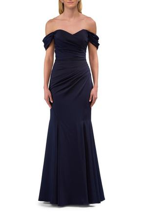 La Femme Chic Off the Shoulder Gown with Side Pleating in Navy at Nordstrom, Size 16