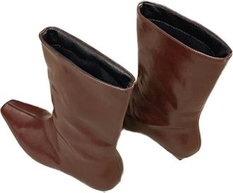 Generic GLDFW Square Toe Women Slimming Knight Boots Elegant Wedges Low Heel Short Booties Wine Red