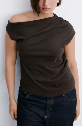Mango Ruched One-Shoulder Top in Chocolate at Nordstrom, Size Medium