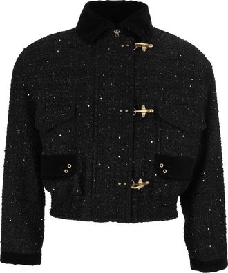 Fay Cropped Bomber Jacket with Textured Fabric and Gold-Tone Details