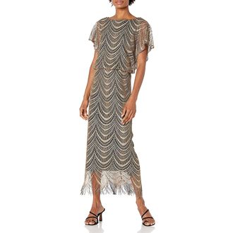 S.L. Fashions Womens Blouson Metallic Crochet Dress with Fringe Hemline Special Occasion, Black and Gold, 18