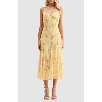 Lush Floral V-Neck Tie Midi Dress in Yellow Floral at Nordstrom Rack, Size Medium