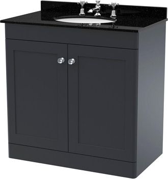 Nuie Classique Satin Soft Black 800mm 2 Door Vanity Unit with Black Marble Countertop and Round Basin with 3 Tap Holes - CLC1426BR3 - Nuie