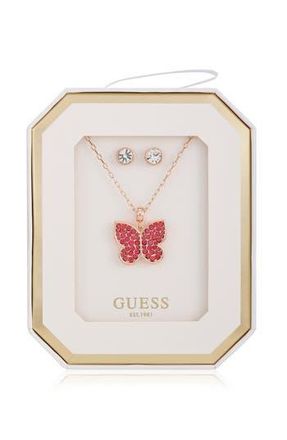 Guess Butterfly Pendant Necklace & Stud Earrings Set in Rose Gold at Nordstrom Rack