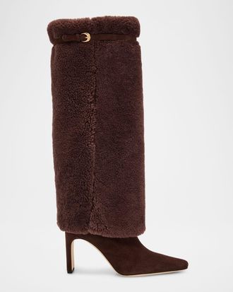 Staud 90mm Wally Shearling Foldover Suede Knee-High Boots