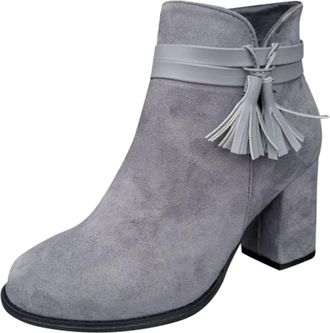 Generic Winter Womens Fashion Roman Style Short Boots with Chunky Heels and Leather Casual Ankle Footwear for Everyday Comfort (Grey, 7)
