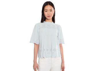 Madewell Embroidered Pintuck High-Neck Top Womens Clothing Soft Blue : LG (Womens 10-12), Cotton