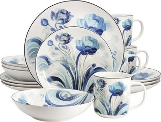Elama Peony Garden 16 Piece Floral Design Round Porcelain Dinnerware Set in White at Nordstrom