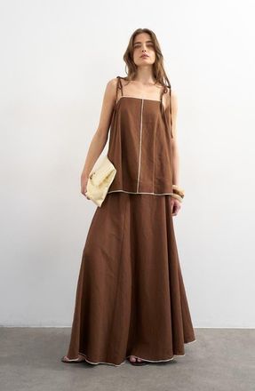Topshop Linen Blend Maxi Skirt in Brown at Nordstrom, Size 16