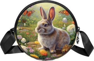 Generic Circle Crossbody Bag for Women, Florals Rabbit Butterfly Small Sling Bag Daypack with Zipper Adjustable Shoulder Straps Casual Ladies Girls Round Purs