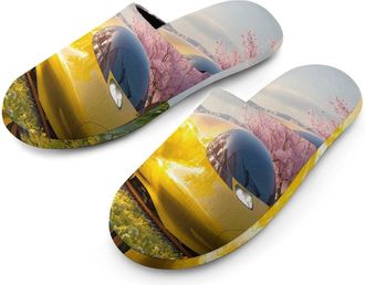 Generic Train Rapeseed Flowers Cherries Mens Slippers Flannel Warm House Shoes with Rubber Anti-Slip Sole Slip On for Home Outdoor