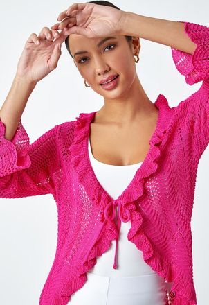 Roman Pointelle Knit Frill Trim V-Neck Cardigan