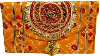 Generic Traditional Embroidered Clutch Bag for Women | Handcrafted Brocade Clutch Purse | Golden Work Ethnic Wedding & Festive Bag | Ideal for Bridal, Haldi, 