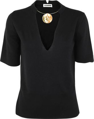 Jil Sander Korte Mouw Knit met Juwelen Ketting - Dames - T-shirts - Zwart - M - Wol - Tops